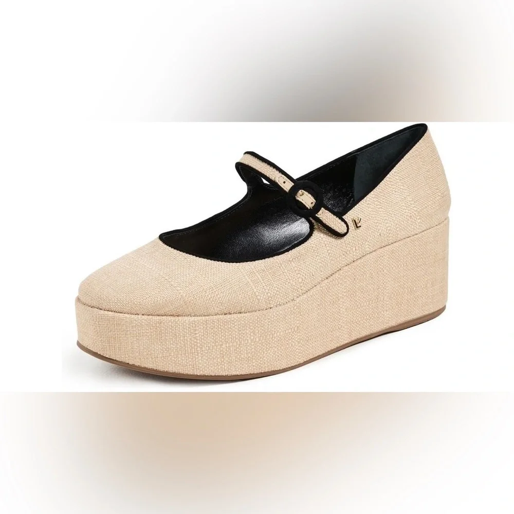 Larroude | Blair Platform Mary Jane Shoes In Raffia Beige Black Size 6.5 NEW